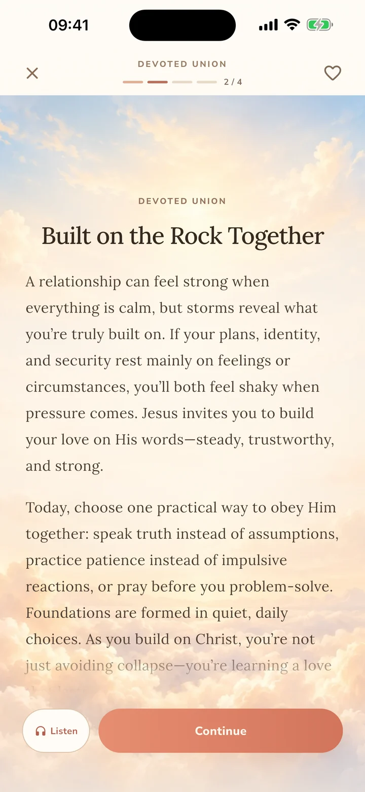 A daily devotional with reading and listening controls in Godly Couples
