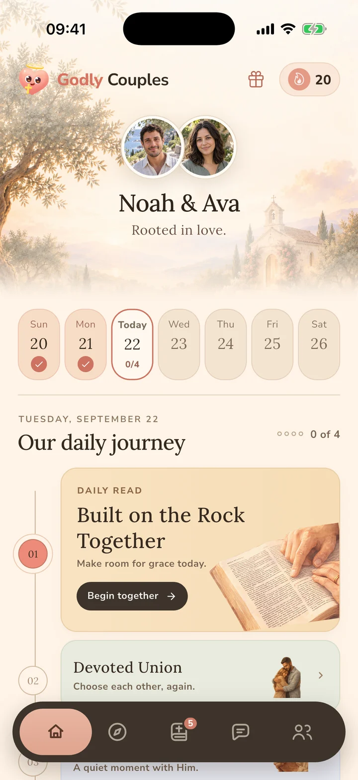 Godly Couples home screen with shared Bible reading, prayer, and daily relationship questions